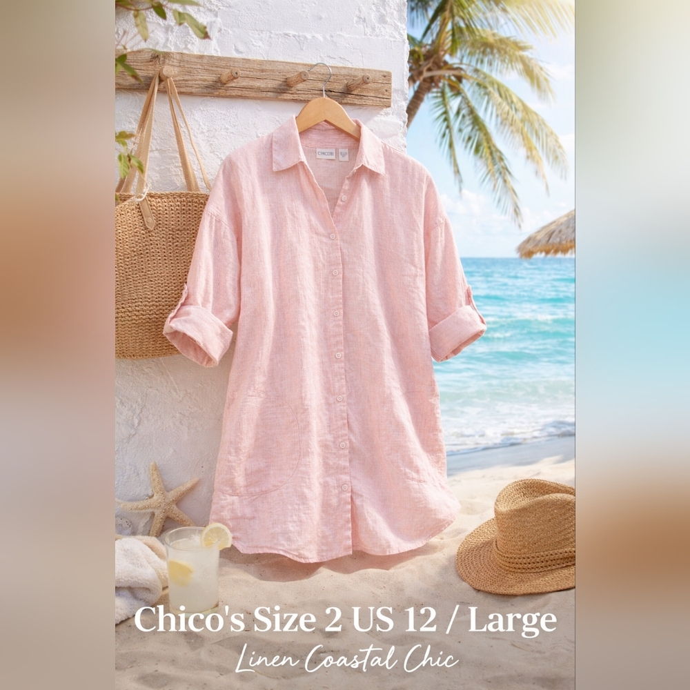 Chico’s Size 2 Linen Button-Up Tunic Pink White Stripe Roll Tab Sleeve Large